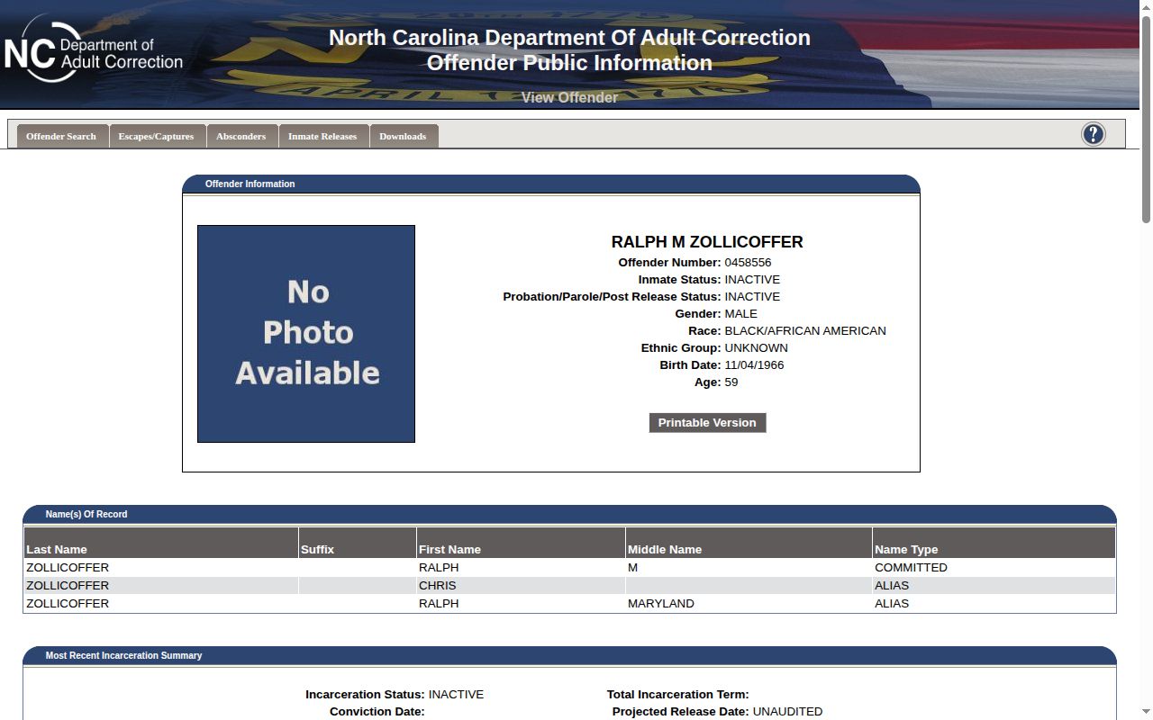 NCDAC inactive released record fields for Wilkes County release research