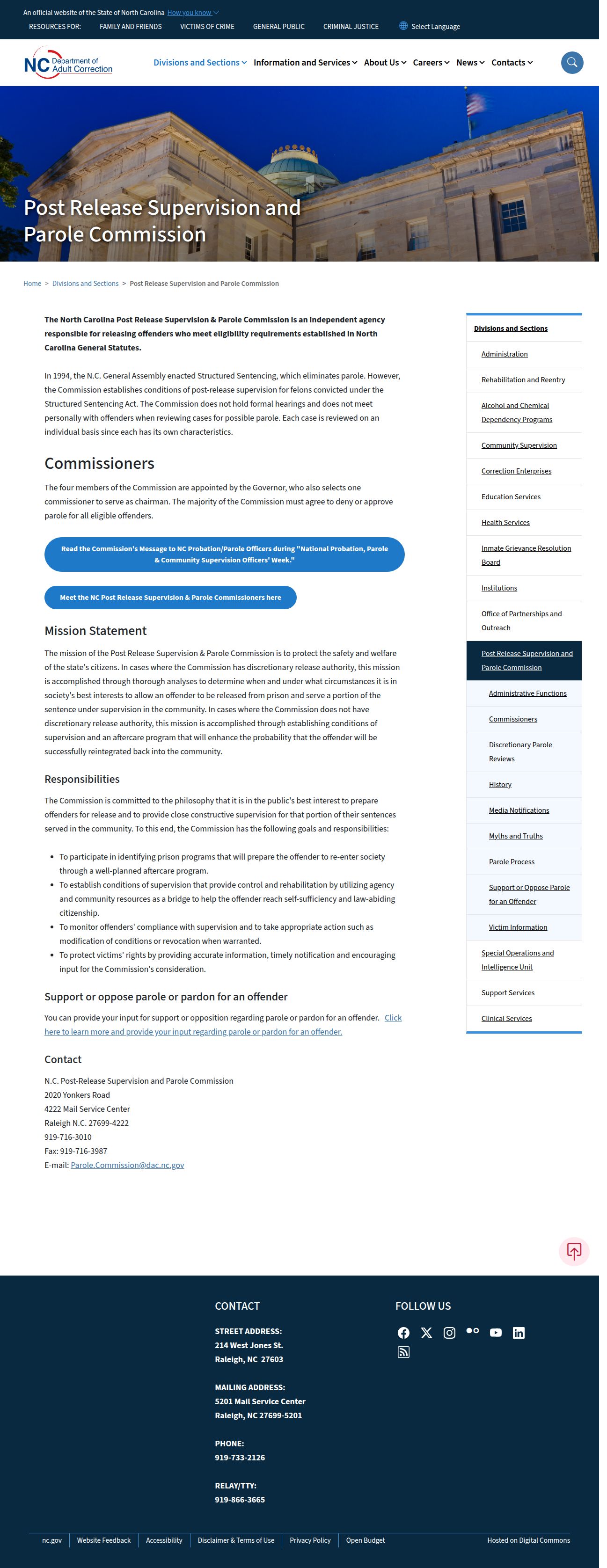 Wilkes County parole and post-release supervision Commission page