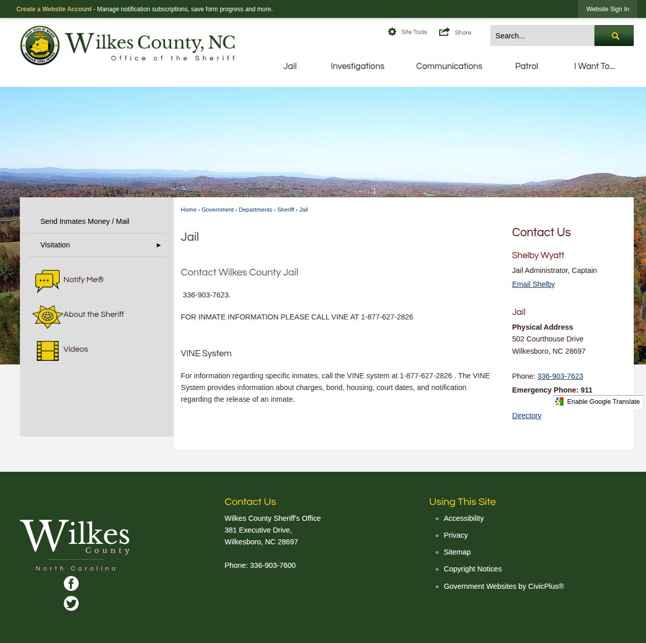 Official Wilkes County Jail release information and VINE direction
